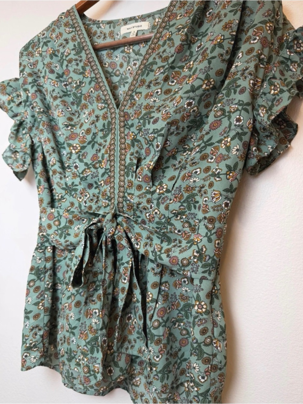 Max Studio Sage Green Floral Tie-Front Peplum Blouse - Picture 2 of 6